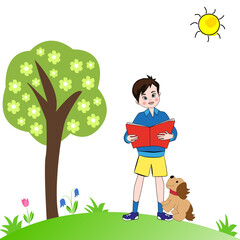 Paisaje de niño con su perro leyendo un libro en el campo. - obrazy, fototapety, plakaty