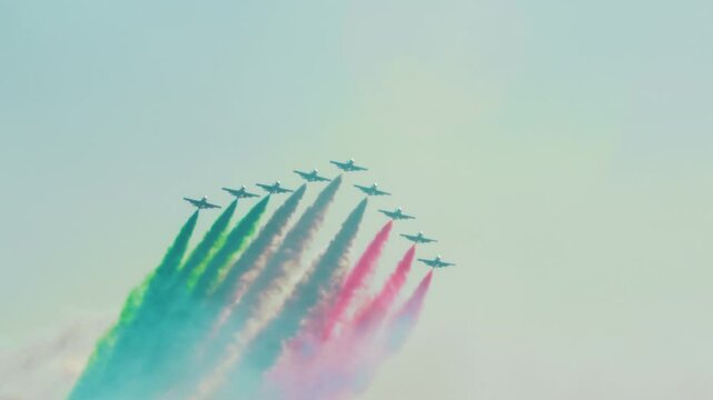 Tricolor Arrows Planes acrobatic show Italian flag with smoke