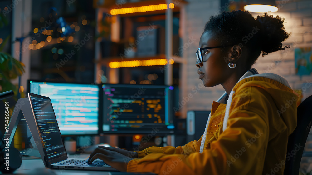 Poster a young black female coder debugging software on her laptop, in a dynamic tech startup office with d