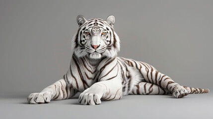 A regal white tiger lounging with a commanding stare against a neutral backdrop, embodying wild elegance.