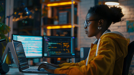 A young black female coder debugging software on her laptop, in a dynamic tech startup office with dual monitors and gadgets, business technology, with copy space