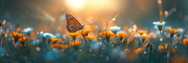 Butterfly flowers sunset summer meadow panoramic view wide panorama
