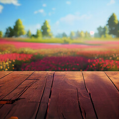 Wooden Table in Front of Field of Flowers 3d illustration. Table is made of weathered wood and has a rustic charm. The field of flowers is in full bloom, with a variety of colors on display