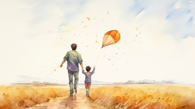 A man holds a kite and his two children walk next to him. The action takes place on the beach, with the sky above them. Watercolor illustration
