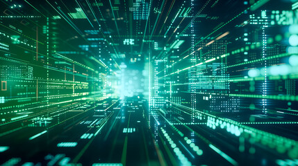 Abstract digital tunnel with streaming green code lines.