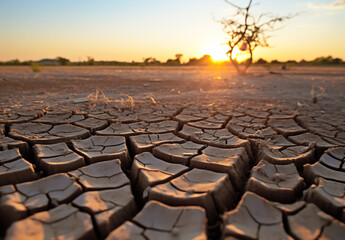 Dry land, with arid and cracked soil because of drought, due to climate change - obrazy, fototapety, plakaty