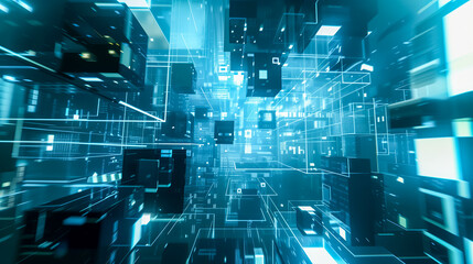 3D cybernetic space with floating geometric shapes and intricate grids in a blue and black color scheme.