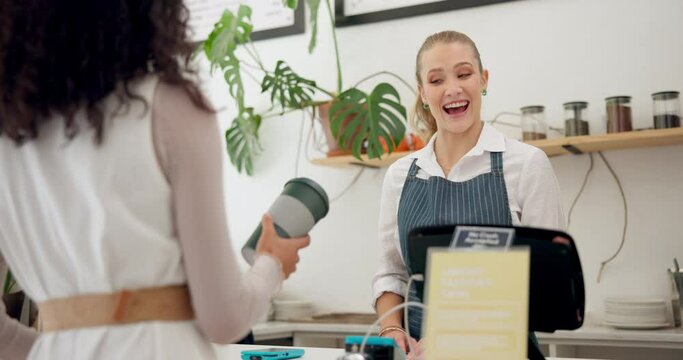 Service, barista or customer with coffee shop or store for drinks or return at checkout counter in a cafe job. Reusable bottle, giving or waitress in small business restaurant with a woman or lady