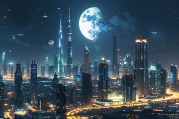 A city skyline is illuminated against the dark night sky, with the moon shining brightly overhead