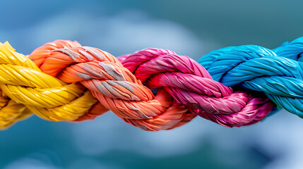 colorful rope on the blue sky background, closeup of photo