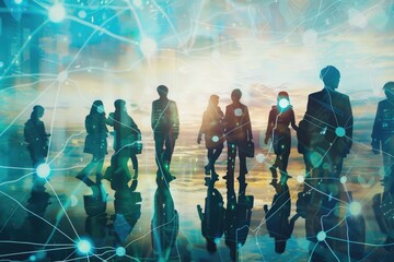 Mixed media composition featuring a group of multinational people and a global communication network concept, representing management strategy and human resources. 