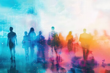 Mixed media composition featuring a group of multinational people and a global communication network concept, representing management strategy and human resources. 