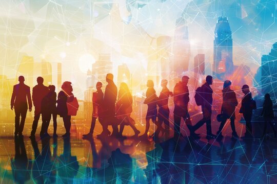 Mixed media composition featuring a group of multinational people and a global communication network concept, representing management strategy and human resources. 