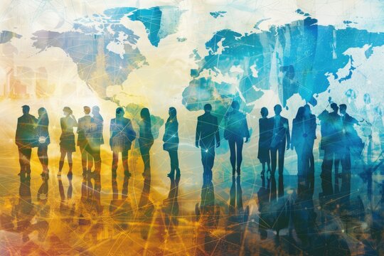 Mixed media composition featuring a group of multinational people and a global communication network concept, representing management strategy and human resources. 