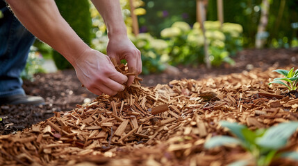 Mulching the garden with pine bark. Natural Fertilizer in horticulture. Men's hands in close-up on the background of mulch - obrazy, fototapety, plakaty