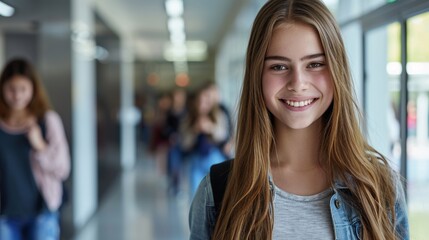 Portrait of smiling schoolgirl standing in corridor at school during break