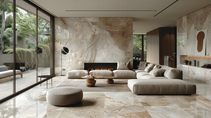 Elegant Living Room With Large Stone Wall