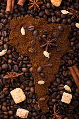 Grounded coffee and beans from South America