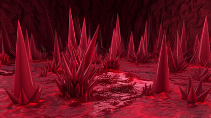 Dramatic ruby spikes on a maroon floor depict an exciting, alien 3D terrain.