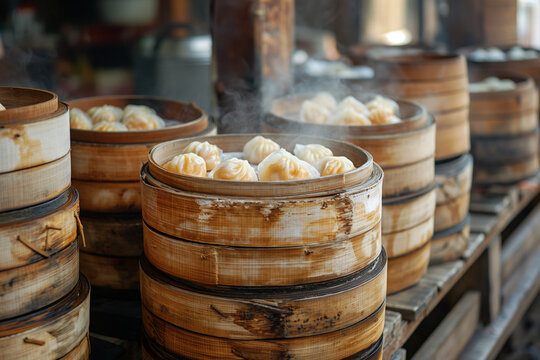 Variety Dim sum or Yumcha food on a food shelves, various Chinese steamed dumpling in bamboo basket steamer