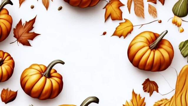 frame made of autumn pumpkins and leaves on white background, Generative AI