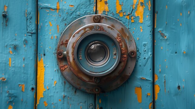 Close up of a camera lens against a blue and yellow wooden wall