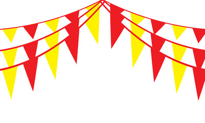 Fototapeta premium Colorful pastel color triangle flag party with rope isolated on white background, decoration element, Celebration flags for decor. Vector illustration. 