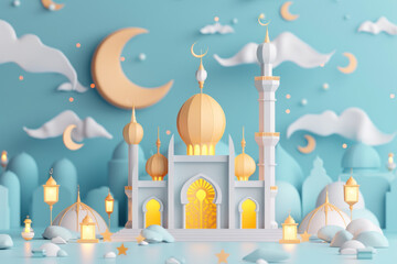 Minimalist Mosque Amidst Sky in 3D Art
