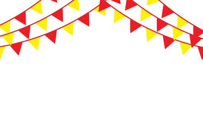 Obraz premium Colorful pastel color triangle flag party with rope isolated on white background, decoration element, Celebration flags for decor. Vector illustration. 