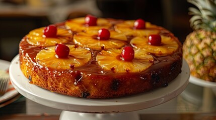 Homemade pineapple upside-down cake with cherries on a white stand