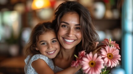Close-up of a smiling mother and her daughter, joyfully holding pink daisies, with a warm, blurred background