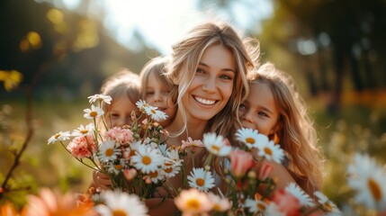 A golden-haired mother and her two daughters surrounded by daisies, their joy captured in the warm glow of sunset