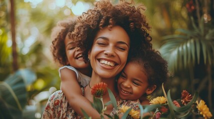 A black woman with a radiant smile hugged by two children, their joy amplified by the surrounding greenery and flowers