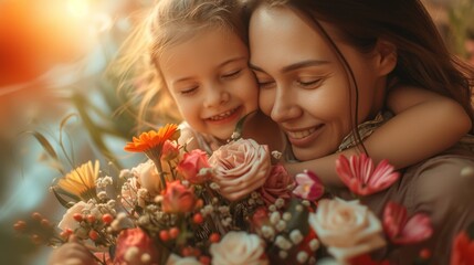 A woman and her young daughter sharing a loving embrace, surrounded by a bouquet of colorful flowers in sunlight