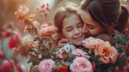 A woman and her young daughter sharing a loving embrace, surrounded by a bouquet of colorful flowers in sunlight