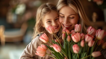 A serene moment as a woman and her daughter, both smiling peacefully, hold a bunch of soft pink tulips