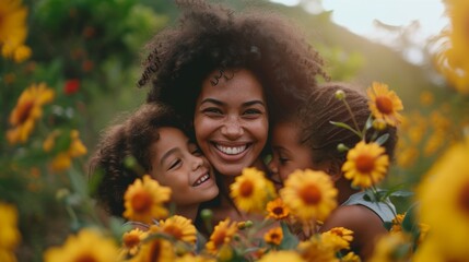 Radiant smiles on a black woman and her children, surrounded by the golden hues of sunflowers in a garden