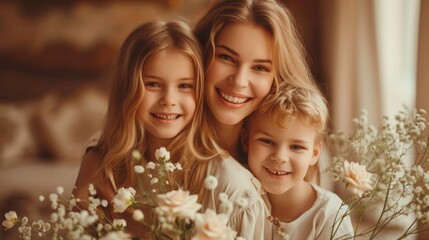 Warm portrait of a beaming mother with her daughter and son, all smiling amidst soft white blossoms