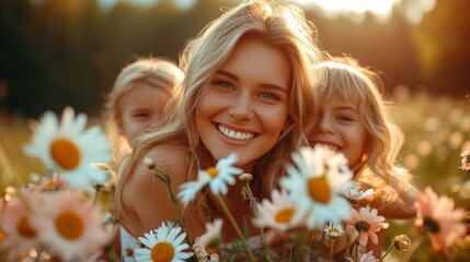 A golden-haired mother and her two daughters surrounded by daisies, their joy captured in the warm glow of sunset
