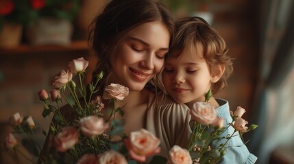 Softly lit image capturing a young woman and a small boy in a close, affectionate embrace, surrounded by delicate pink roses