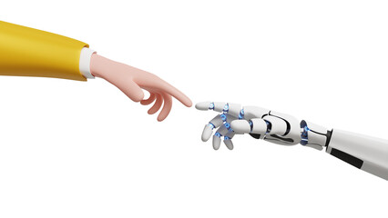Future of AI. Technological progress. Artificial intelligence. Cyborg and human unity. 3D cyborg robot hand and human hand touching fingers