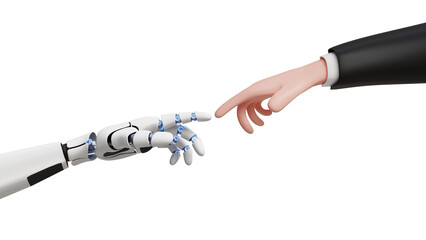 Future of AI. Technological progress. Artificial intelligence. Cyborg and human unity. 3D human hand and robot hand coming together
