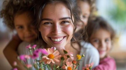 A young woman's sparkling eyes reflect happiness as she hugs her two daughters, a bouquet of flowers enhancing the moment