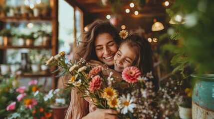 Obraz na płótnie Canvas A heartwarming hug between a mother and her daughter, surrounded by a rich array of flowers, captures pure joy