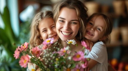A joyful mother embraced by her two daughters, their laughter mingling with the charm of pink daisies