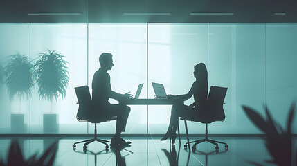 Fototapeta premium A strategic alliance discussion in a minimalist boardroom, where a businessman and a businesswoman layout partnership terms with digital contracts, highlighting the move towards paperless operations