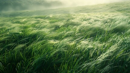 Field of Green Grass With Foggy Sky