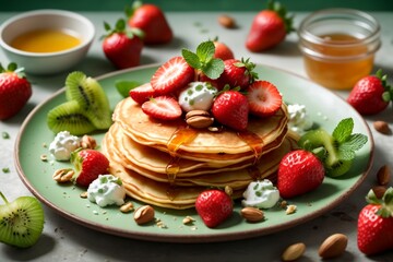 Obraz na płótnie Canvas thin pancakes with fresh strawberries, kiwi, cottage cheese, in a plate