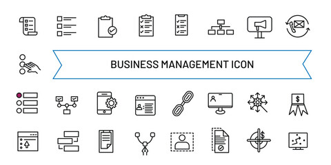 Business Management Icon Collection. Line Set contains such Icons as Vision, Mission, Values, Human Resource, Experience and more. Outline icons collection.