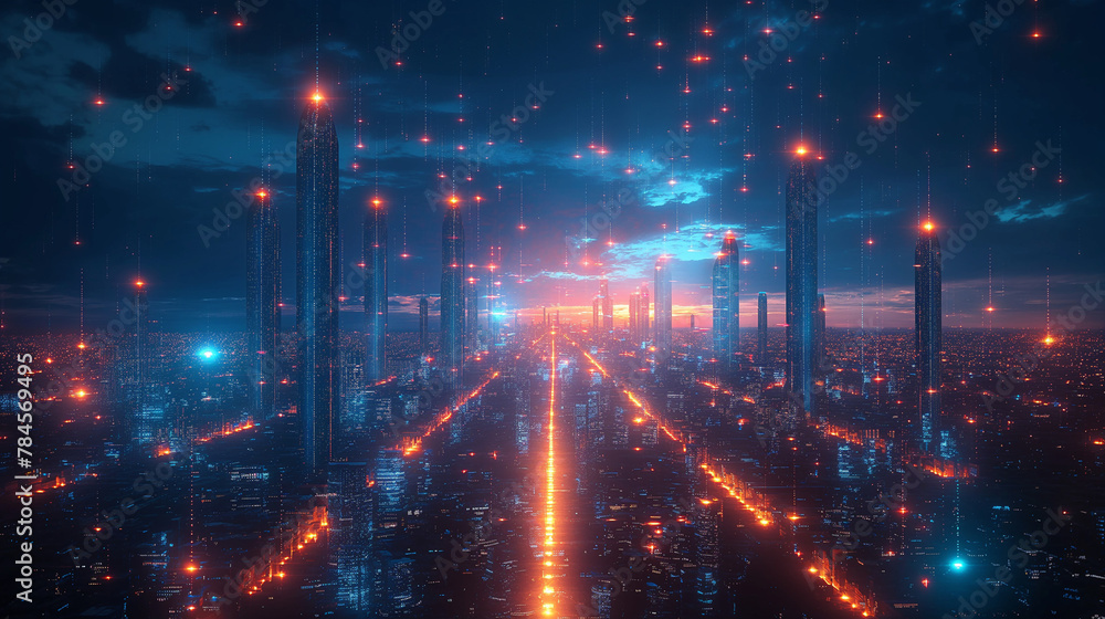 Poster imaginative visual of smart digital city with globalization abstract graphic showing connection netw